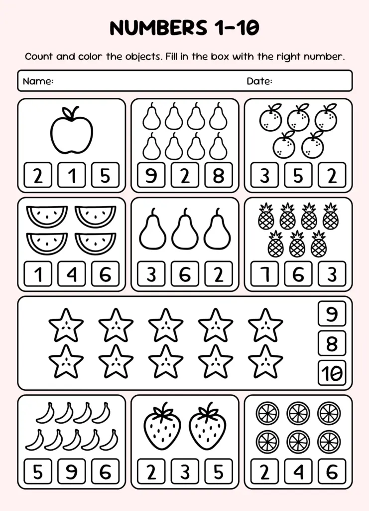 Free kindergarten math worksheet template for counting and coloring activities