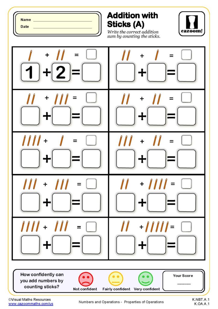 Colorful kindergarten math worksheets with addition problems using sticks