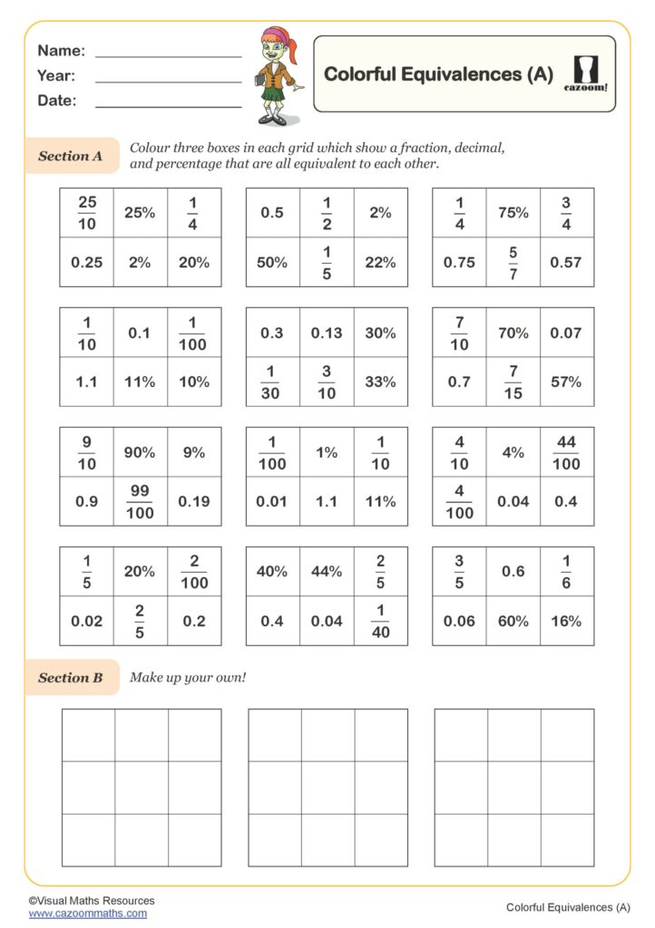 KS2 Maths Worksheets – Colorful Equivalences Template Colorful KS2 maths worksheets focusing on fractions, decimals, and percentages