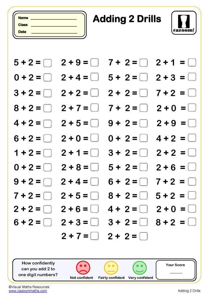 Ks2 Maths Worksheets Online Free - adding 2 drills 50 questions worksheet