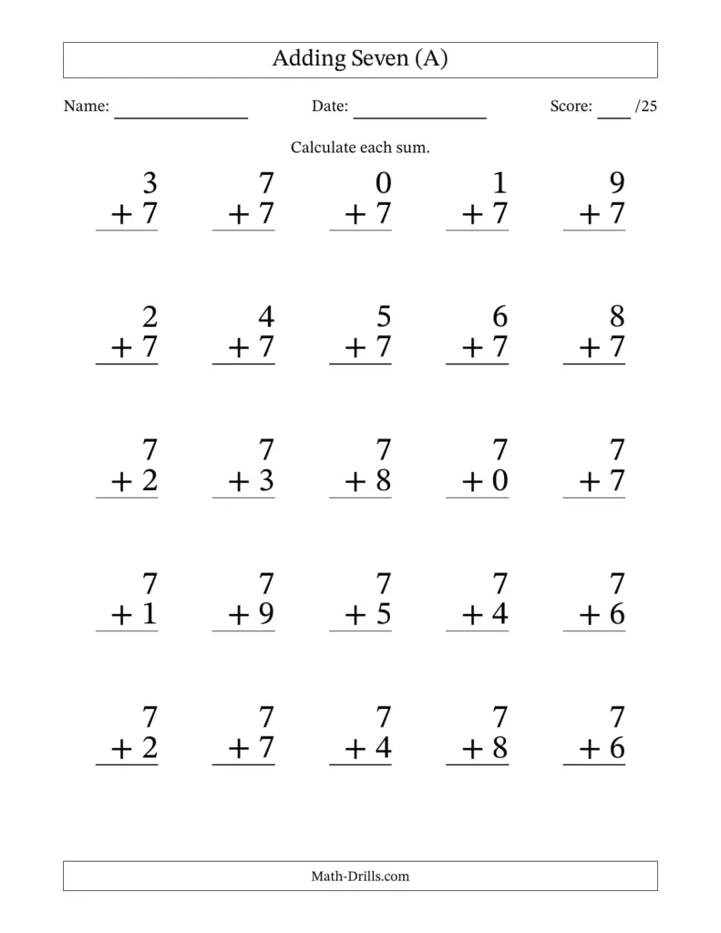 Large Print Printable Mathe Worksheets - addition 25 one digit 7 001