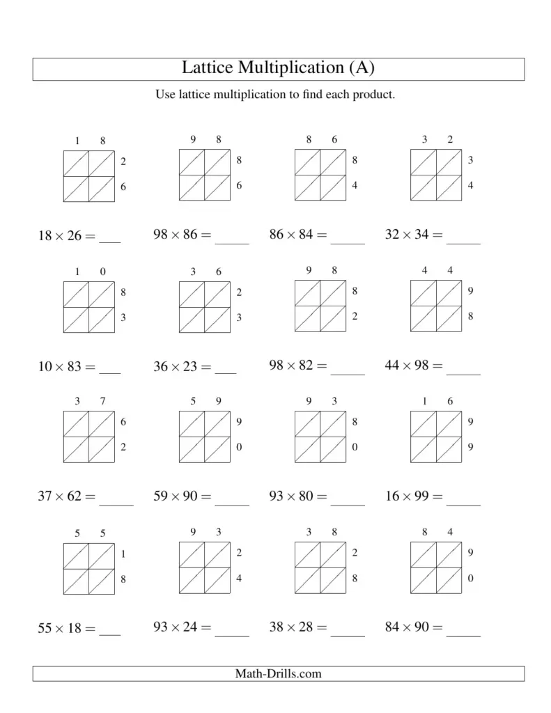 Lattice Multiplication 2 Digit By 2 Digit Worksheet - Lattice Multiplication -- Two-digit by Two-digit (A)