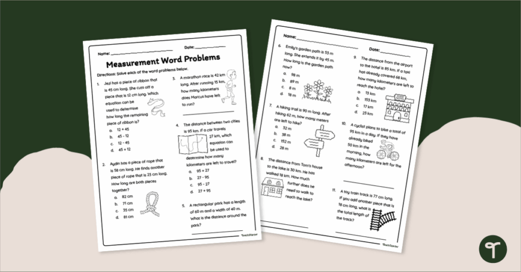 Measurement Word Problems 2nd Grade Math Worksheet 2nd grade math worksheet with various measurement word problems for students to solve