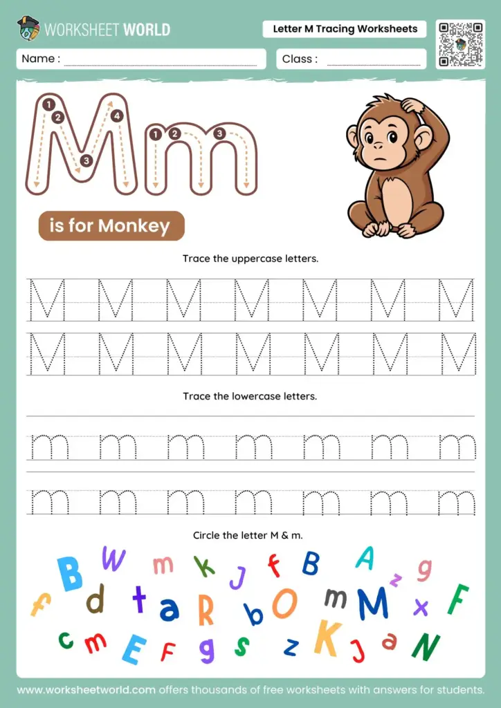 Interactive letter M tracing worksheet featuring a monkey character for young learners