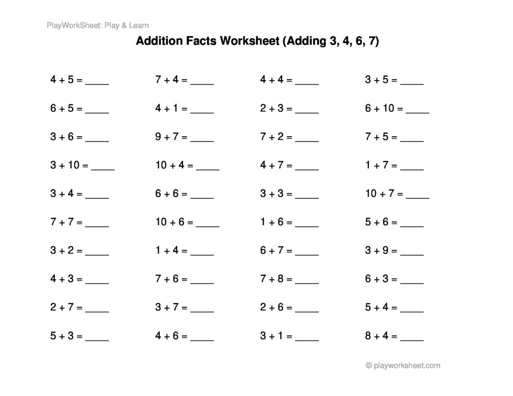 Level 4-6 Maths Worksheets - addition facts worksheet adding 3 4 6 7