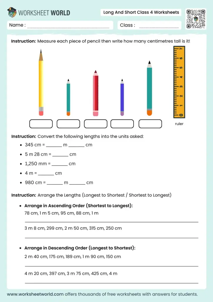 Long and Short Class 4 Worksheets for Measurement Class 4 worksheets on measuring lengths and arranging them longest to shortest