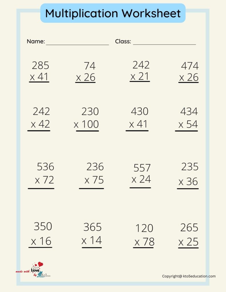 Long Multiplication Questions and Answers Worksheet