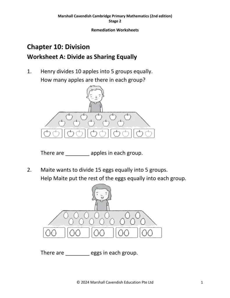 Worksheet showing division as sharing equally with visual aids for Key Stage 2