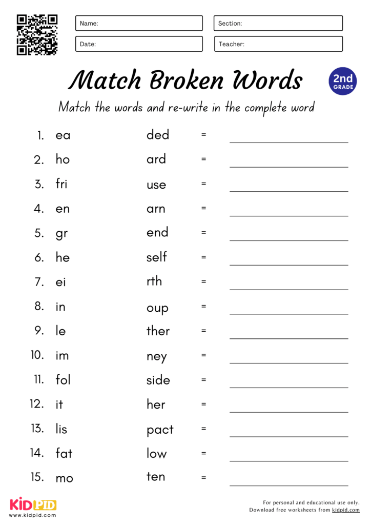 Match Worksheet For Grade 2 - match complete the words worksheet for grade 2