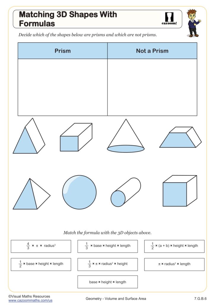 Matching 3D Shapes with Formulas Worksheet Worksheet for matching 3D shapes with their corresponding formulas