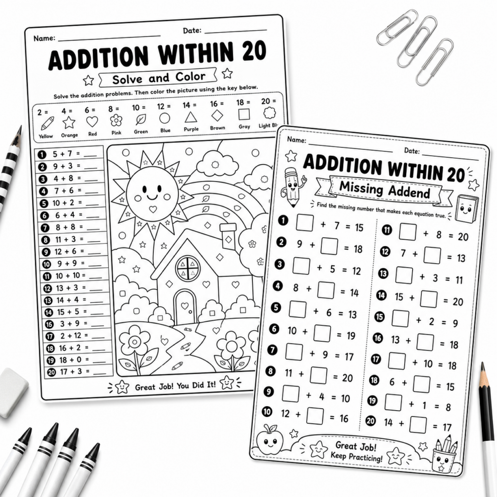 Printable Math Worksheets – Addition Within 20 Printable math worksheets featuring addition problems within 20 for elementary students