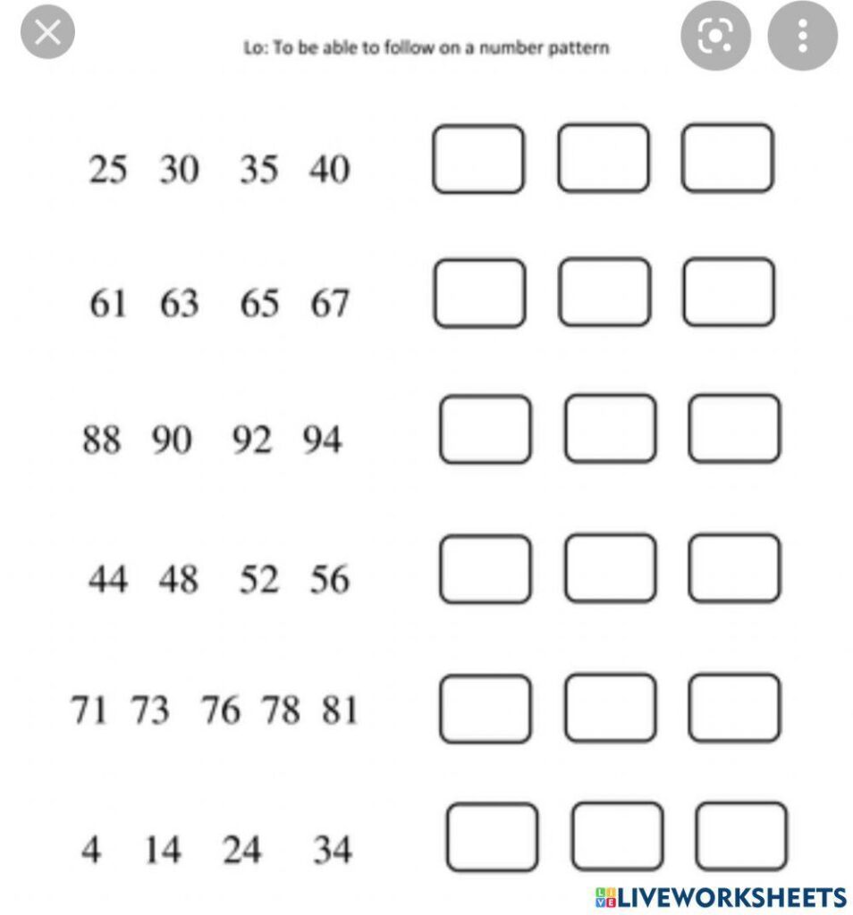 Printable Number Pattern Worksheet for Kids Worksheet showing number patterns for students to complete