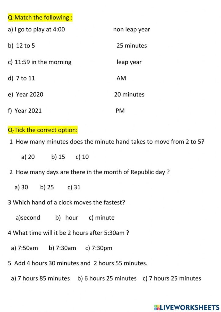 Math worksheet with questions on time and basic calculations
