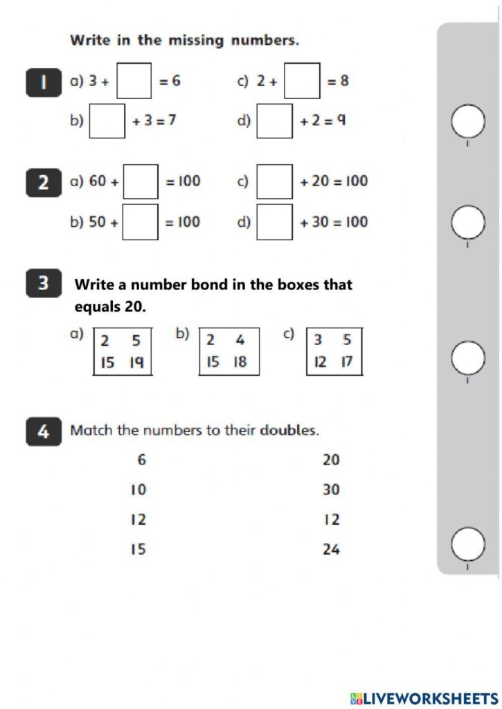 Year 2 Maths Revision Worksheets with exercises on missing numbers and number bonds