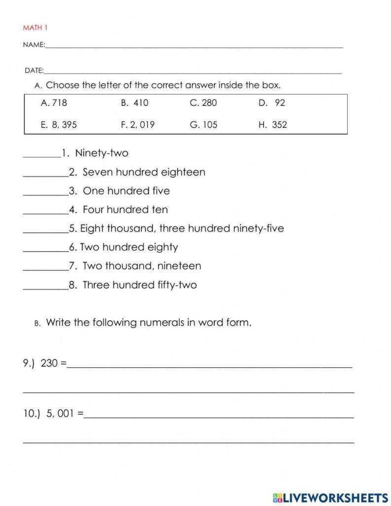 Math Worksheet for Writing Numerals and Answers Math worksheet featuring exercises for writing numerals and answering questions