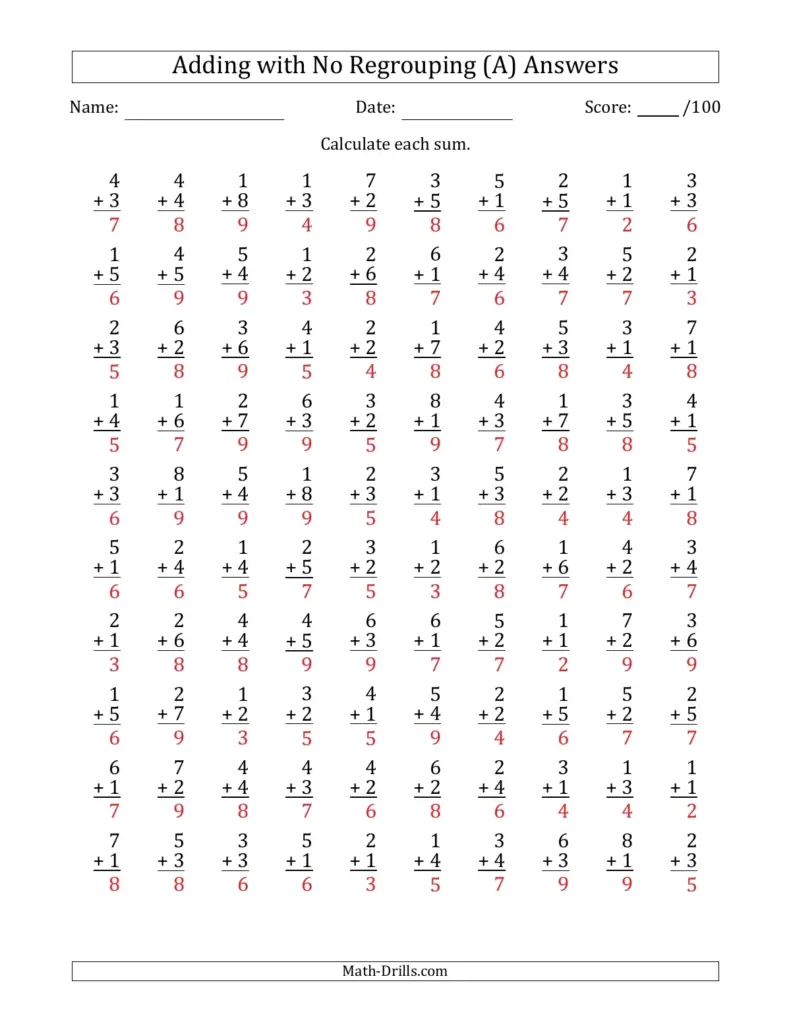 Math Addition Worksheets 100 Problems Math Addition Worksheets 100 Problems