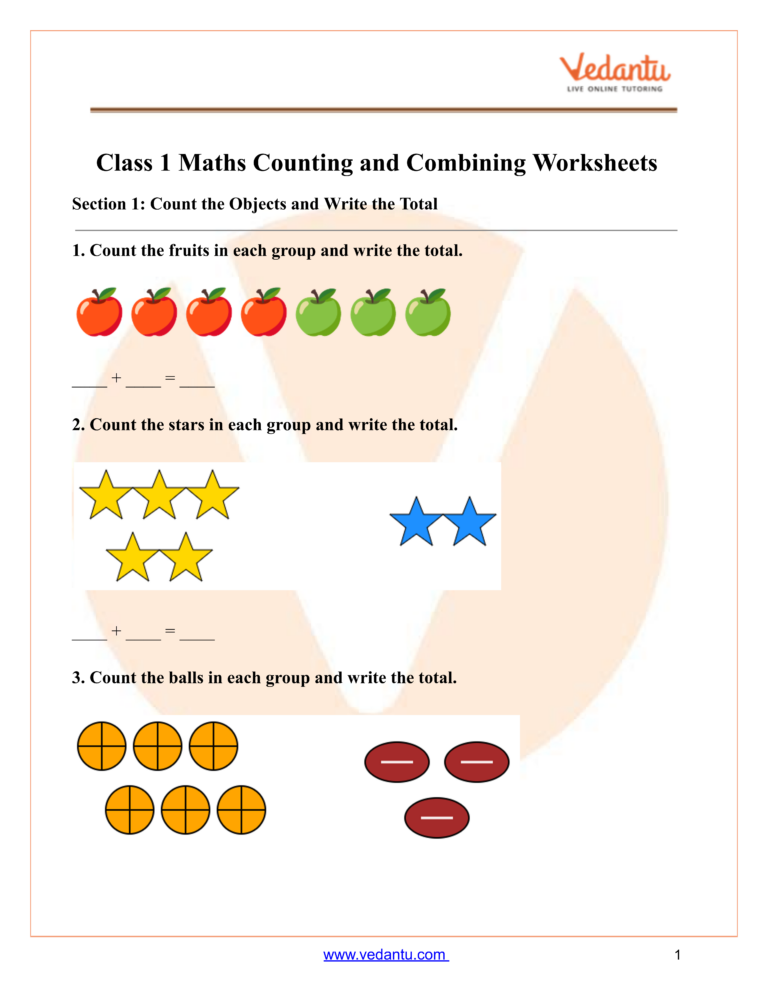 Math Concepts And Applications Worksheets - Free printable Class 1 Maths Counting and Combining Worksheets for counting fruit