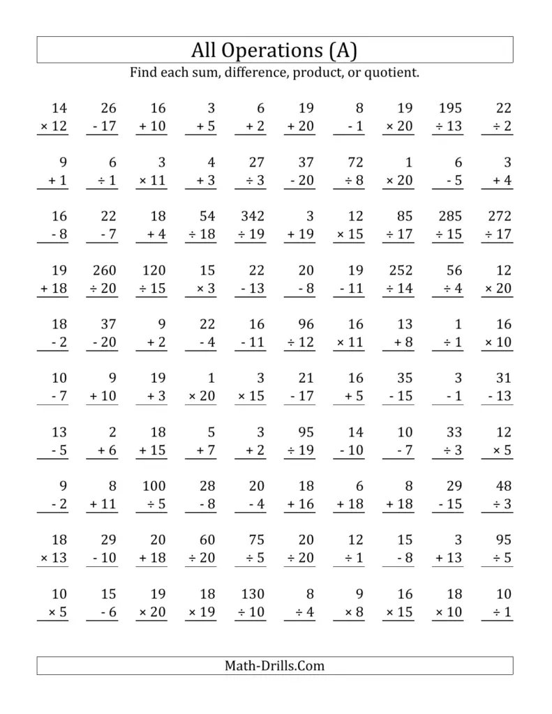 Math Drill Worksheets Basic Operations – All Operations with Facts From 1 to 20 (A) Math Drill Worksheets Basic Operations - All Operations with Facts From 1 to 20 (A)