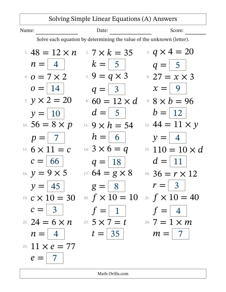 Math Equations Worksheets With Answers