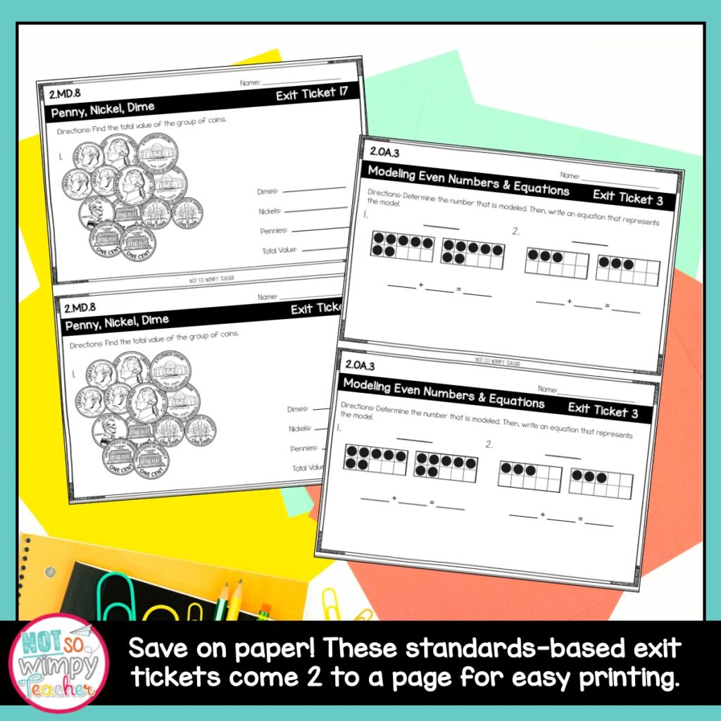 Standards-based second grade math exit tickets with problems on modeling numbers and equations