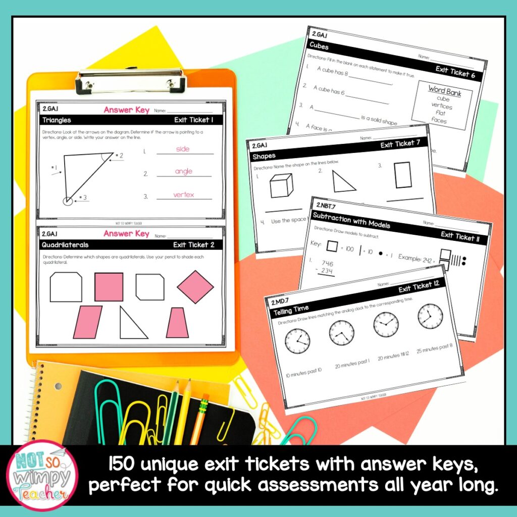 Unique second grade math exit tickets featuring various problems and answer keys for assessments