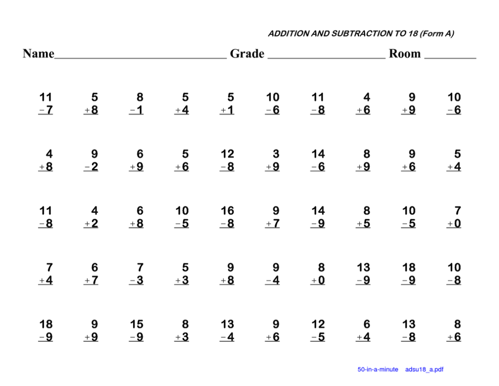 Addition and Subtraction Worksheet for Kids Worksheet featuring addition and subtraction problems up to 18 for practice