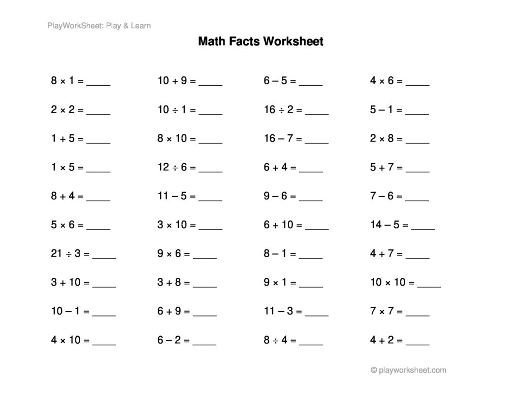 Printable math facts worksheet with various math problems for children to solve