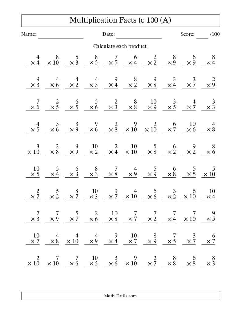 Math Facts Worksheets 100 Problems