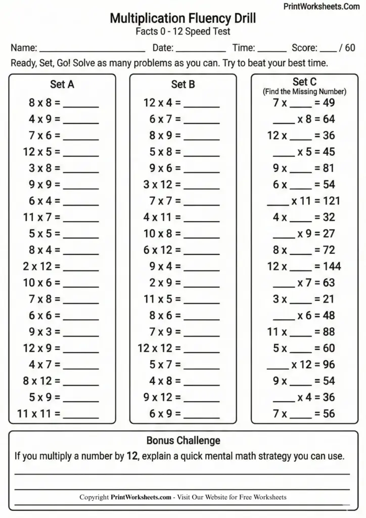 Math Facts Worksheets Multiplication Printable - Multiplication Facts Worksheets (Tables 2-12) for Grade 3 Fluency