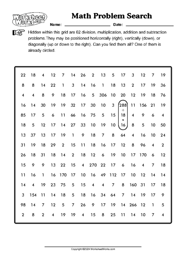 Math Problem Search Worksheet Works - Worksheet Works Math Problem Search 1 - V Hidden within this grid are ...