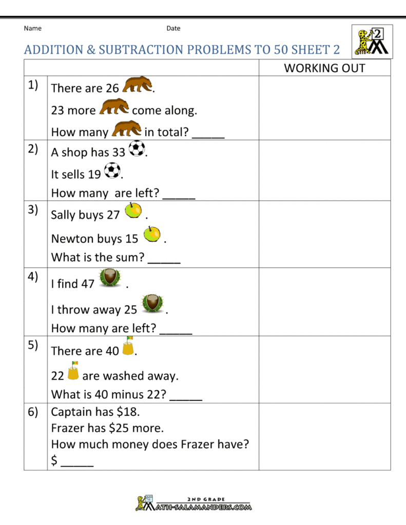 Math Problem Sheets For Grade 2 - Worksheets Addition And Subtraction Word Problems Picture Word