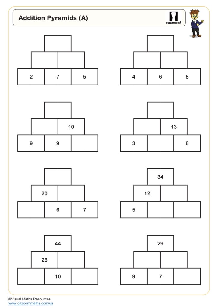 Math Puzzles – Addition Pyramids Worksheet Addition pyramids worksheet with various math puzzles for students to solve
