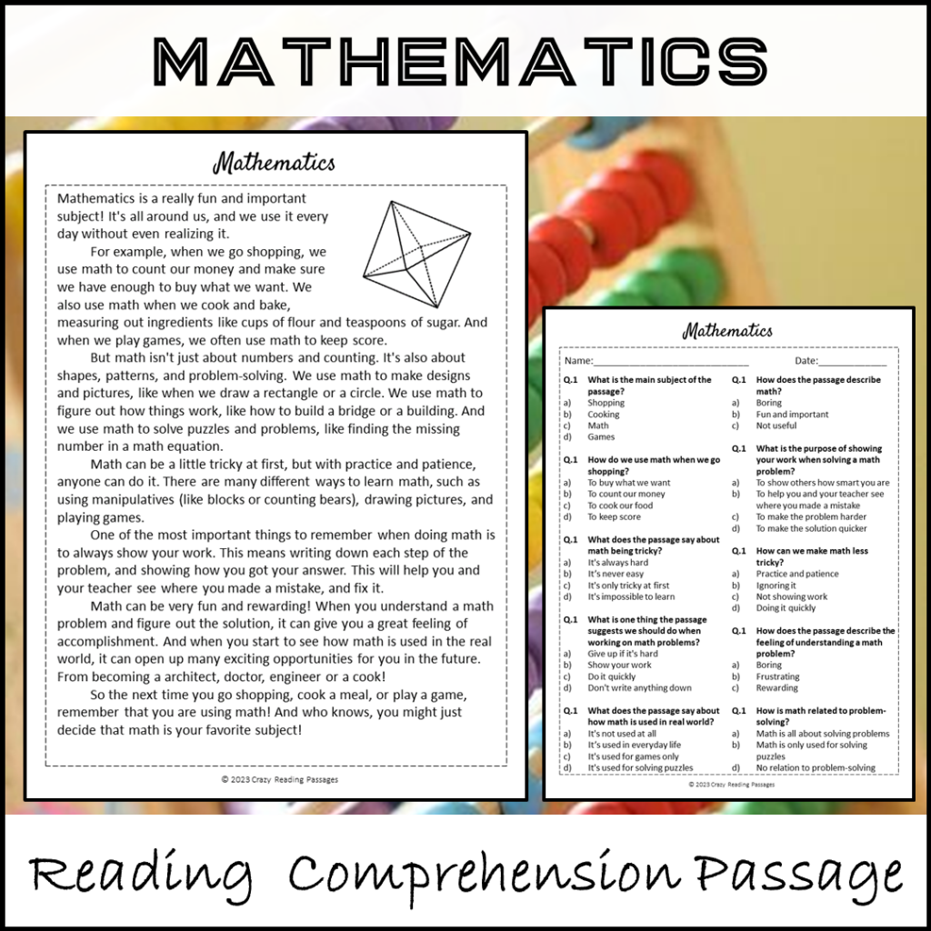 Math Reading Activities Work Sheets - Mathematics Reading Comprehension Passage and Questions ...