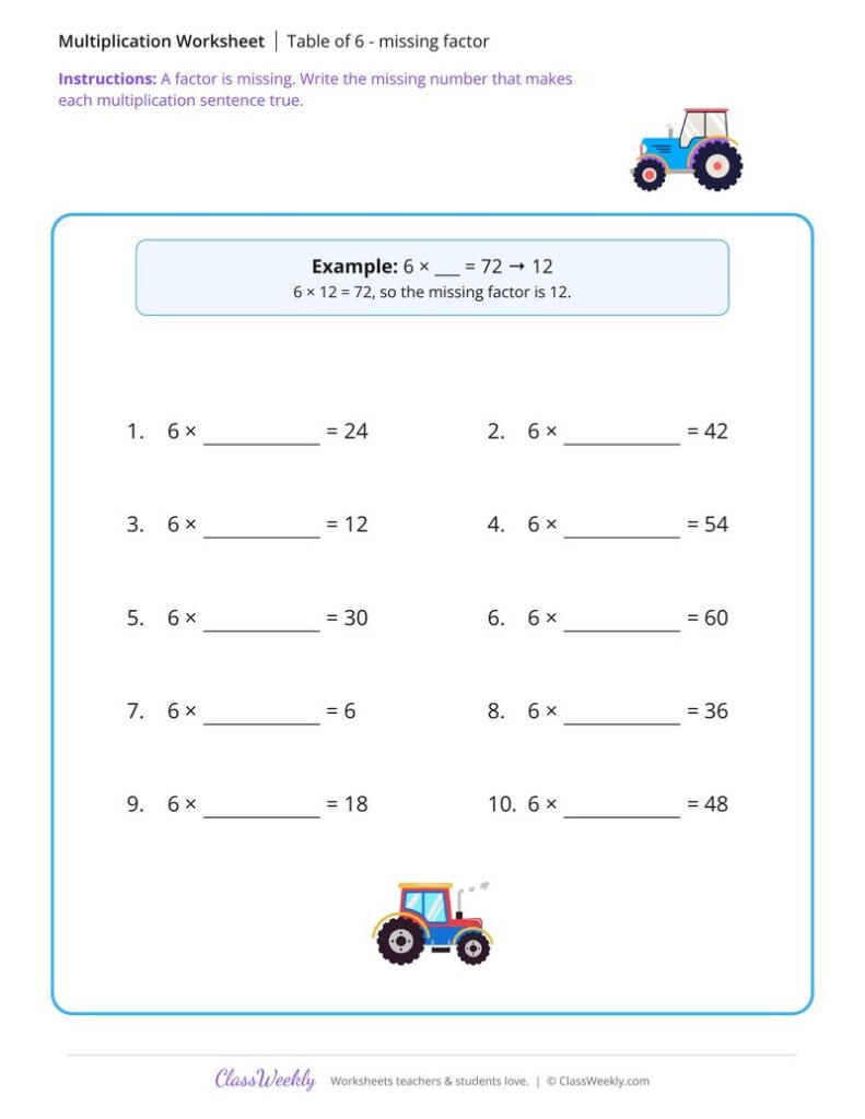 Math Review Worksheets 2nd Grade - Table of 6 - missing factor - Free 2nd Grade Math Worksheet