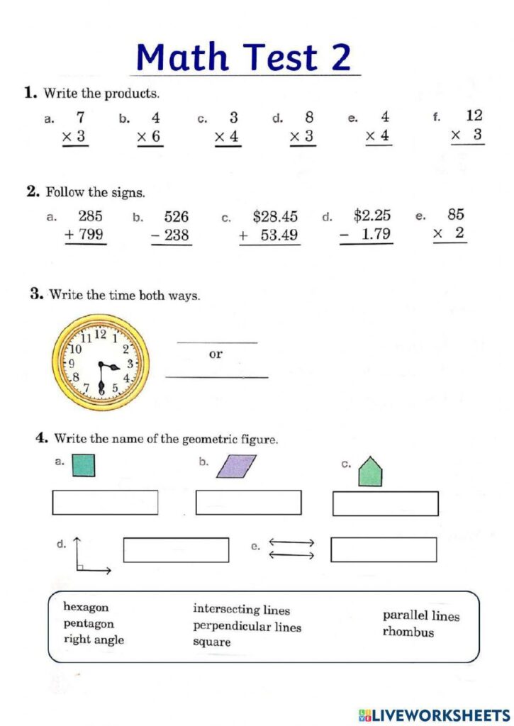 Math Test 2 worksheet - Worksheets Library