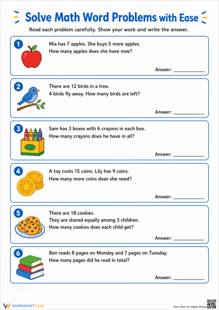Printable interactive worksheet for solving math word problems