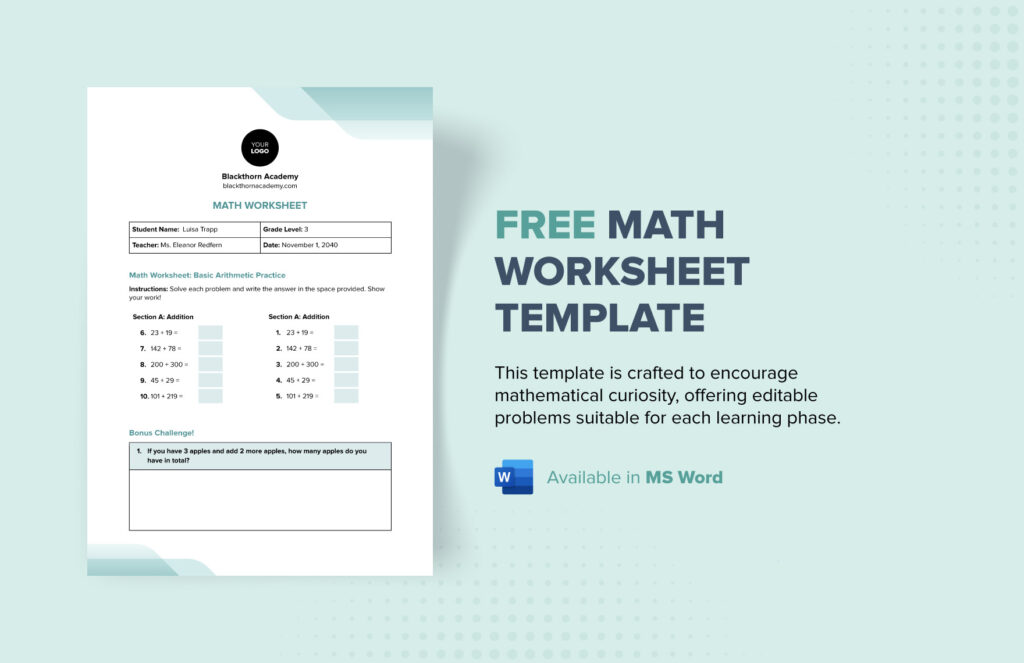 Math Work Sheet Text Format - Free Editable Worksheet Templates in Word to Download