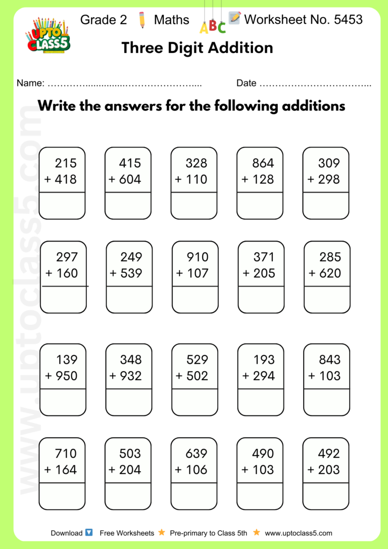 Free printable Math Worksheet For Class 2 featuring three digit addition problems for practice