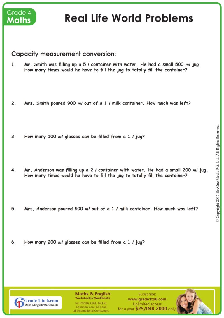 Free printable Math Worksheet For Class 4 featuring capacity measurement word problems