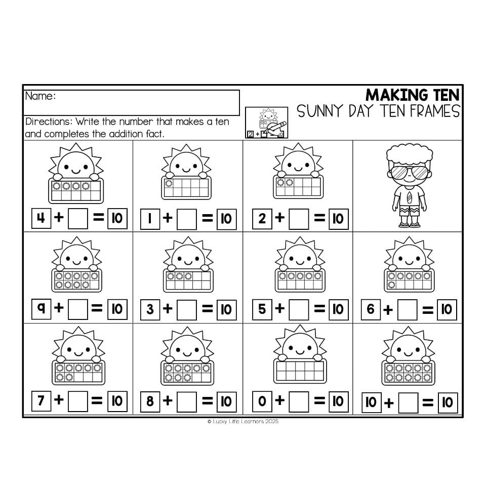Making Ten Sunny Day Ten Frames Worksheet Sunny day themed math worksheet for making ten with ten frames