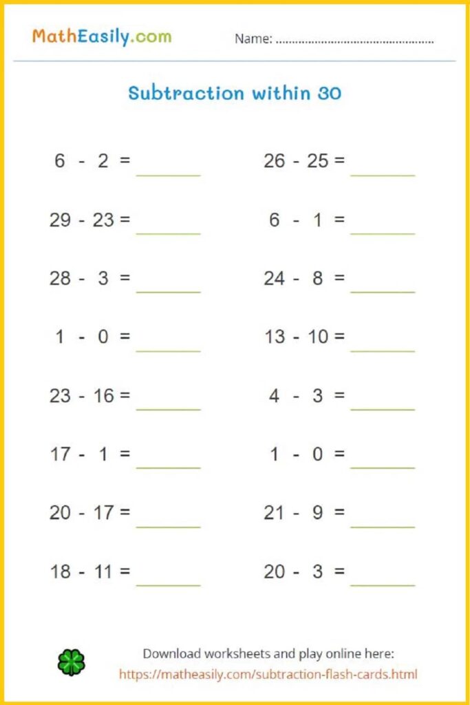 Math Worksheets – Subtraction Within 30 Math worksheet focused on subtraction problems within 30, designed for practice