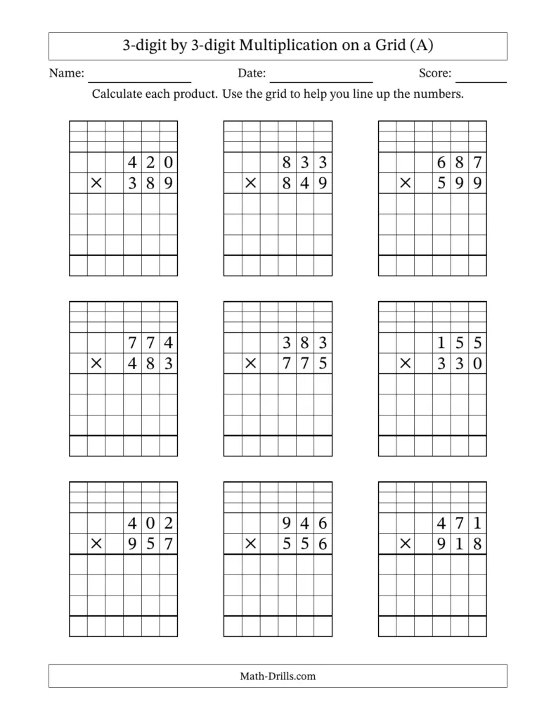Math Worksheets 3 Digit Multiplication - 3-Digit by 3-Digit Multiplication with Grid Support (A)