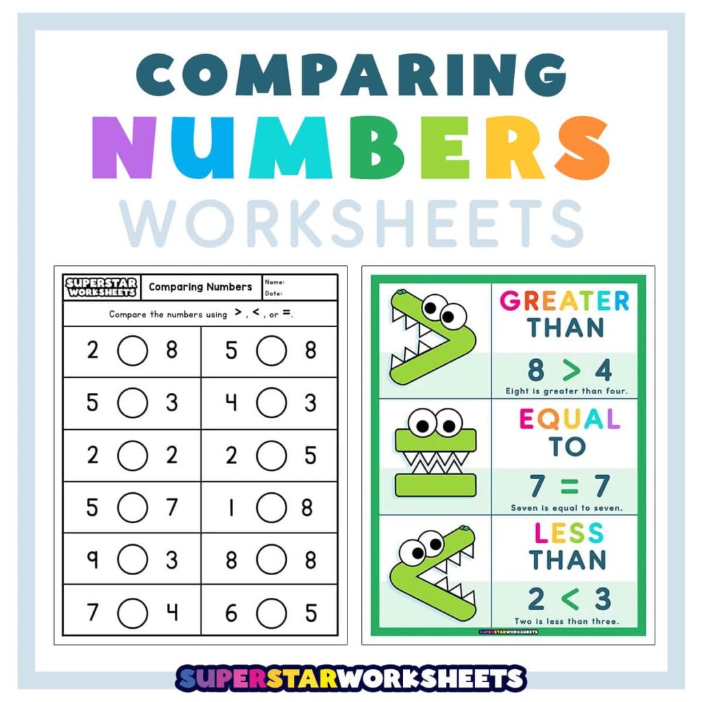 Colorful printable worksheets for kids comparing numbers with fun illustrations