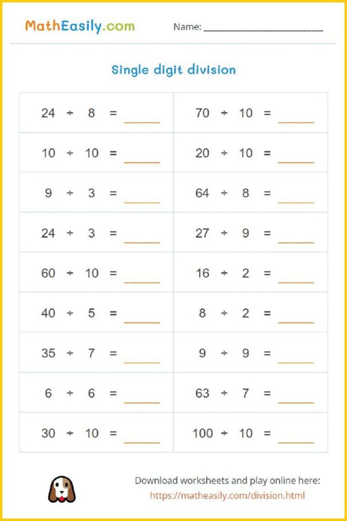 Math Worksheets for Division Practice Single digit division worksheet designed for students to practice division skills