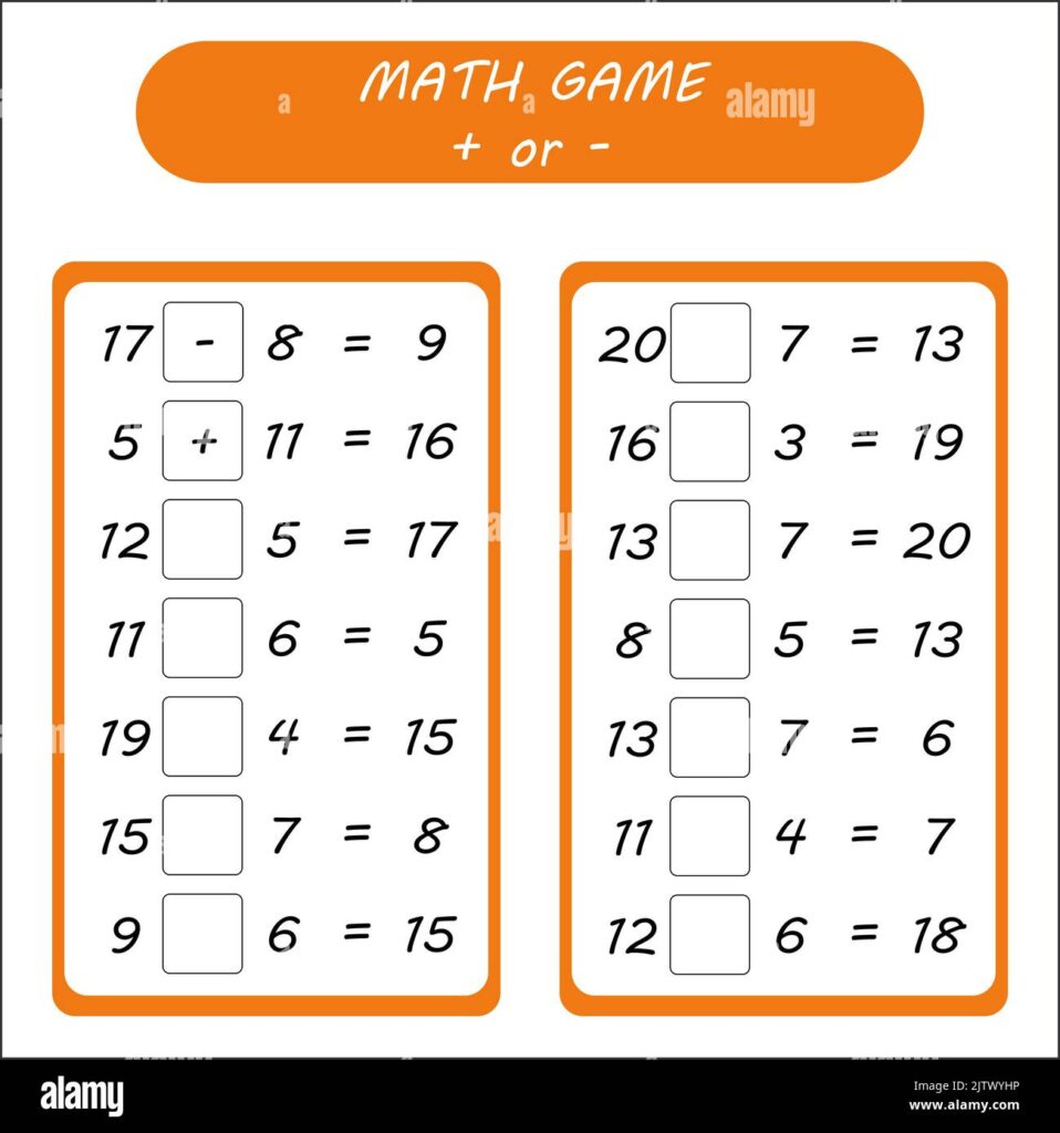 Engaging Math Worksheets for All Ages: Game Style Printable math game worksheet featuring addition and subtraction problems for kids