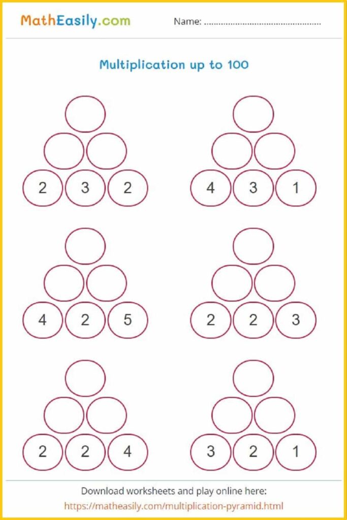 Printable multiplication pyramid worksheet for practicing multiplication up to 100