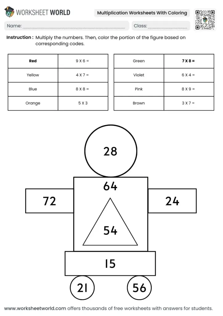 Interactive multiplication worksheet with coloring activity for kids to enhance learning