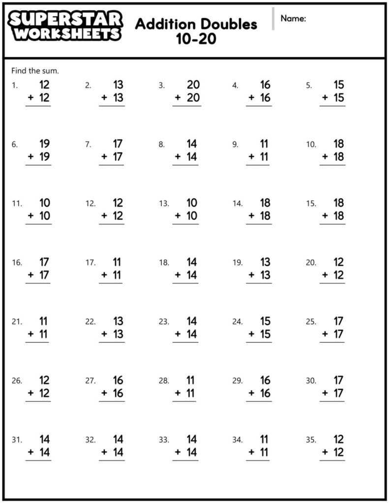 Printable math worksheets featuring addition doubles for students to solve