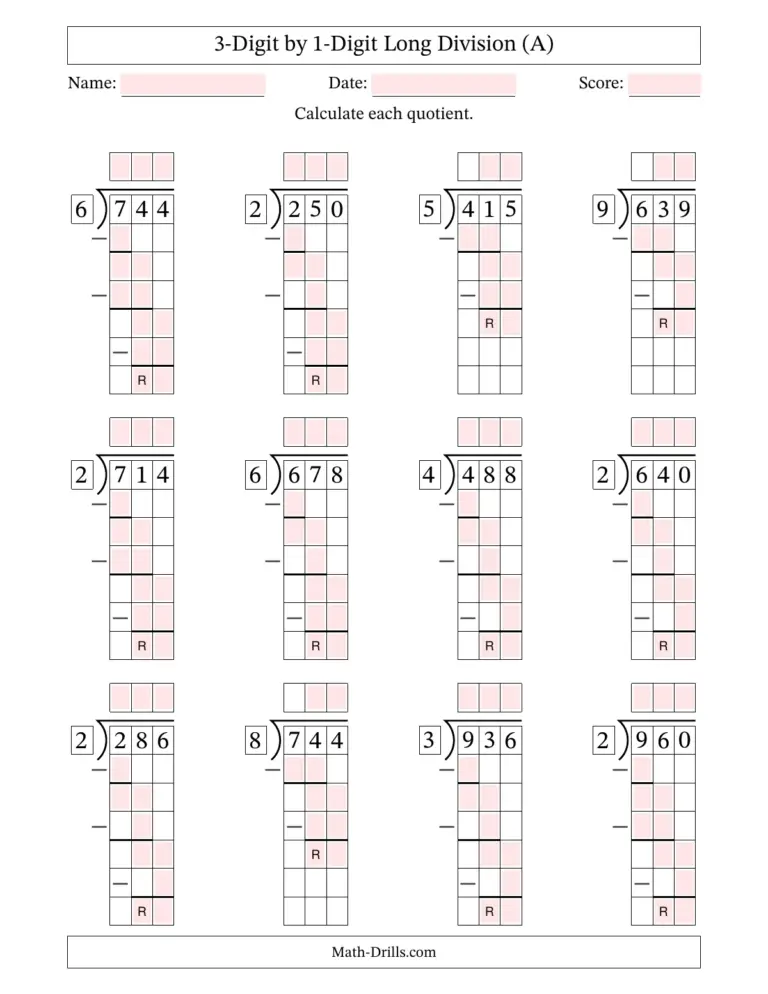 Math Worksheets And Answer Keys - Printable long division worksheet featuring 3-digit dividends and 1-digit divisors with no 