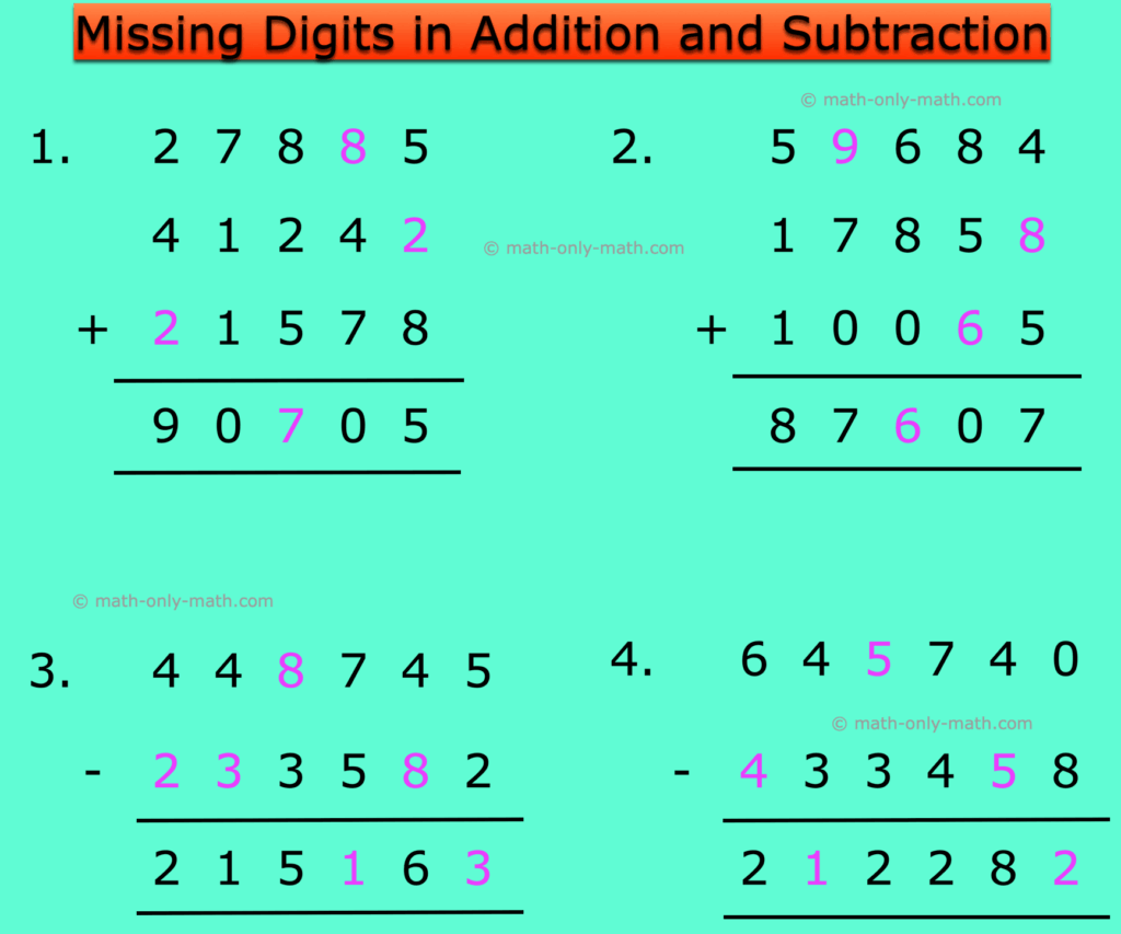 Math worksheets for 4th graders focusing on missing digits in addition and subtraction